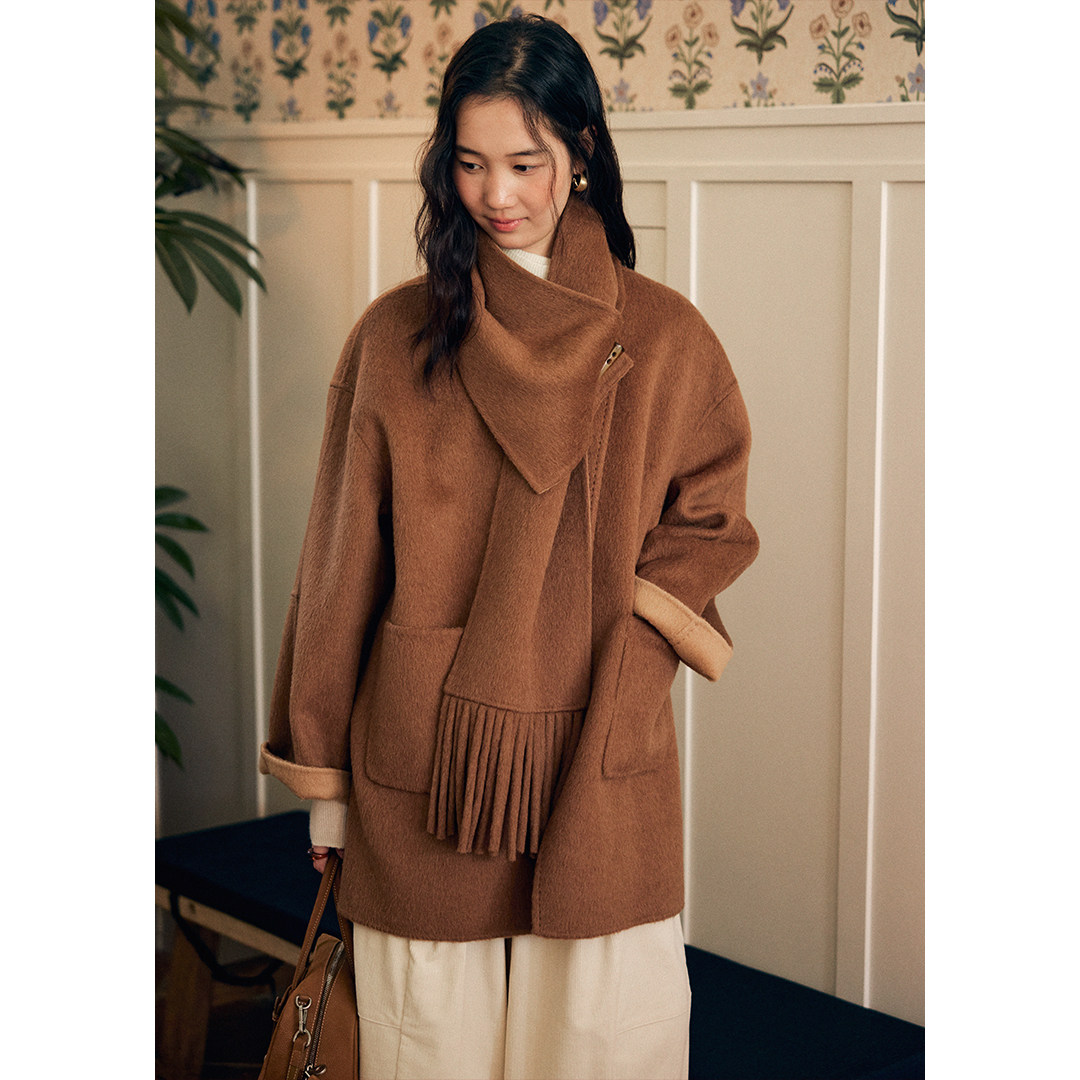 BLUEerror 羊驼毛围巾款棕色双面呢女保暖呢子法式毛呢外套秋冬,女装/女士精品,毛呢外套,淘宝优惠券,粉丝福利购,淘宝优惠卷