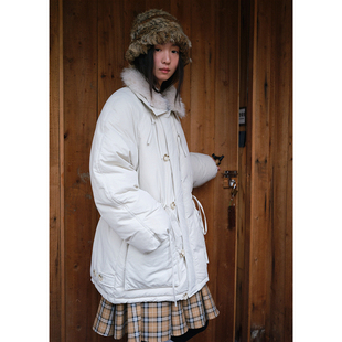 羽绒服女加厚大口袋外套冬季 BLUEerror 带毛领抽绳保暖白色中长款