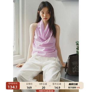 莱赛尔荡领格子挂脖背心女法式 00新品 上衣夏 慵懒无袖