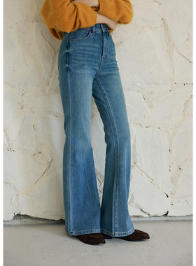 BLUEerror 修身高腰喇叭裤弹力牛仔裤女蓝色显瘦裤子冬季微喇裤