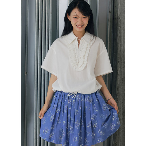 BLUEerror纯棉翻领花边长袖衬衫