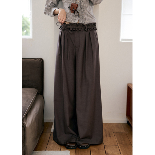 女法式 裤 阔腿裤 休闲裤 BLUEerror 子秋季 宽松花边腰带垂感灰色西装
