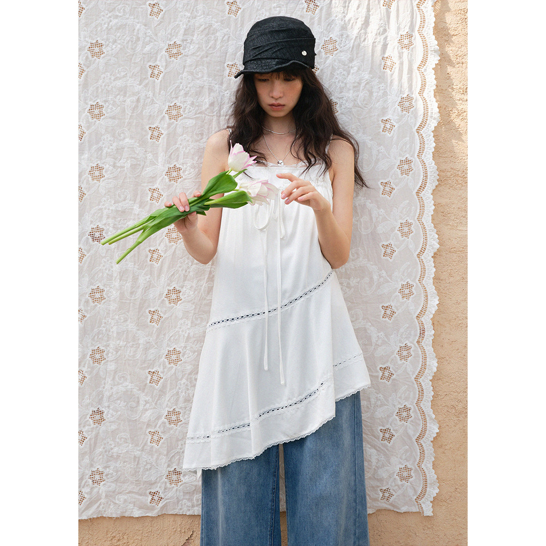 BLUEerror 叠穿蕾丝拼接白色吊带连衣裙女无袖不规则裙子夏季罩衫