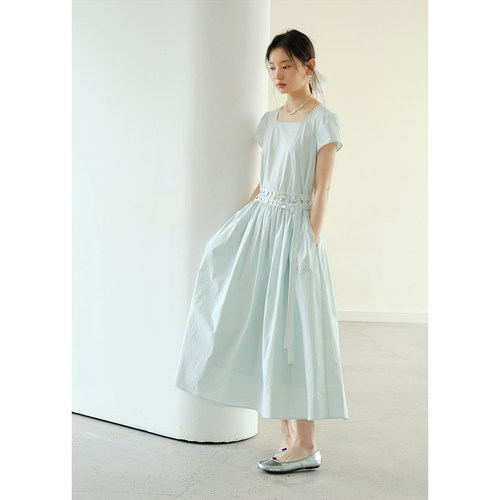 BLUEerror 纯棉u领收腰短袖连衣裙女绿色长款裙子夏