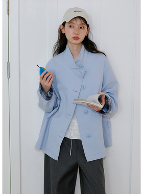 BLUEerror 松弛感立领中长款蓝色收腰风衣女宽松气质外套早秋新款