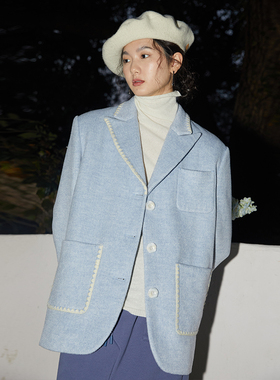 BLUEerror 宽松加厚撞色贝壳绣黑色毛呢西装外套女呢子大衣秋