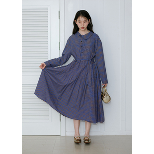 纯棉收腰格子早秋度假长裙 连衣裙长款 BLUEerror 宽松收腰翻领长袖