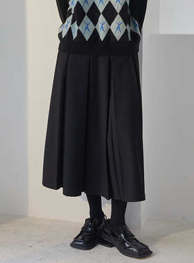 BLUEerror 宽松高腰休闲显瘦黑色半身裙女长款格子长裙百褶裙秋季