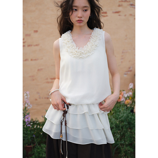 多层蛋糕裙春季 无袖 木耳花边领雪纺背心连衣裙女短款 BLUEerror