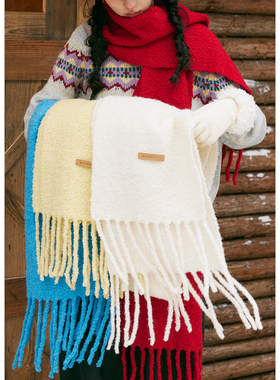 BLUEerror 圈圈毛流苏红色加厚羊毛保暖围巾女氛围感搭配冬季护颈