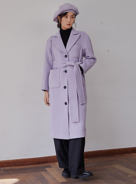 BLUEerror 宽松气质收腰加厚紫色毛呢外套女长款羊毛呢子大衣冬
