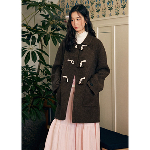 BLUEerror 毛呢外套女圈圈羊毛呢子大衣冬 羊驼毛立领牛角扣中长款