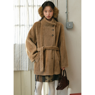 BLUEerror 羊羔毛加厚立领毛绒皮草女全羊毛腰带皮毛一体外套冬季