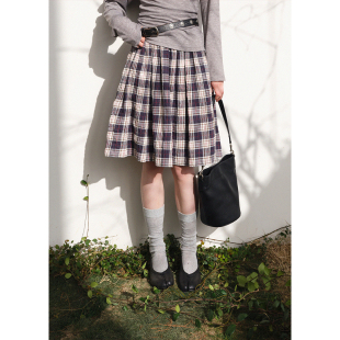 a字短裙 格子半身裙女蓬松伞裙大摆裙春季 BLUEerror 皱感肌理短款