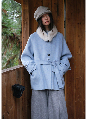 【01/04 00:00新品】可拆卸毛领收腰双面呢大衣女灰色毛呢外套冬