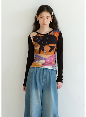 BLUEerror 猫咪独特印花修身圆领长袖T恤女收腰显瘦黑色打底衫秋