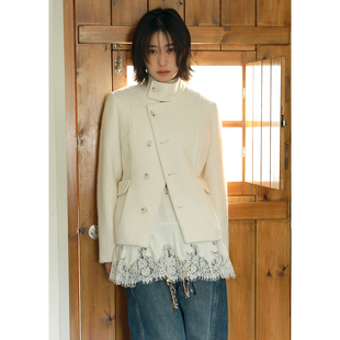 显瘦收腰羊毛呢子冬季 白色圈圈毛呢外套女修身 立领短款 BLUEerror
