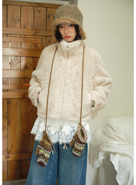 BLUEerror 卷毛拉链立领短款毛绒皮草女皮毛一体外套冬