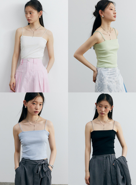 BLUEerror 修身显瘦黑色串珠吊带背心女内搭高弹短款春季平领上衣