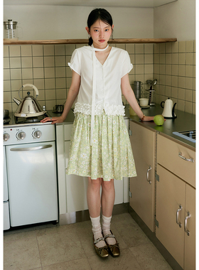 BLUEerror 高腰纯棉短款绿色碎花半身裙女慵懒短裙夏a字裙花裙子