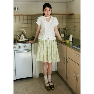 BLUEerror 绿色碎花半身裙女慵懒短裙夏a字裙花裙子 高腰纯棉短款