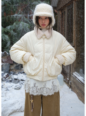 BLUEerror 拼接毛领轻薄白色短款羽绒服女拉链保暖防寒外套冬季