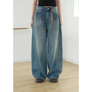 早秋裤 女慵懒宽松长裤 子 复古水洗做旧浅色阔腿牛仔裤 BLUEerror