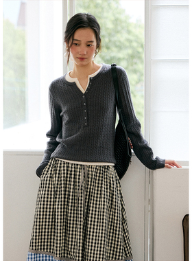 BLUEerror 软糯亲肤绞花灰色圆领毛衣女慵懒法式羊毛针织衫秋季