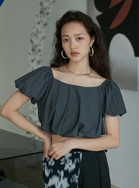 BLUEerror 百搭宽松泡泡袖方领短袖衬衫女短款雪纺内里衬衣夏季