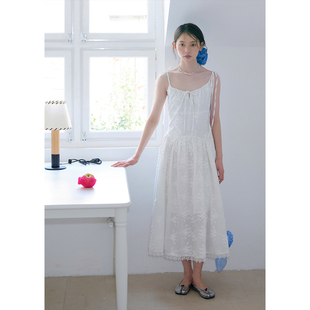 裙子春季 长款 立体花朵刺绣白色吊带连衣裙女纯棉无袖 BLUEerror