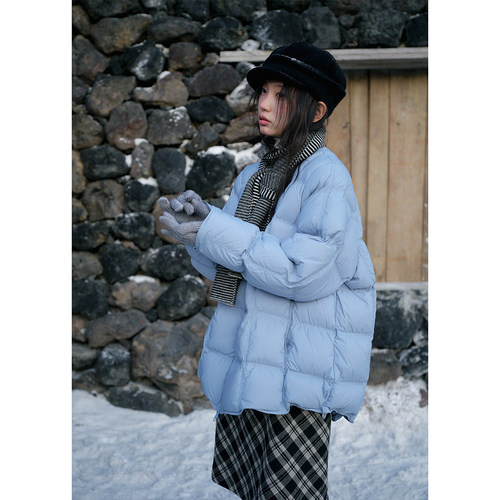 宽松方格圆领蓝色保暖拉链羽绒服