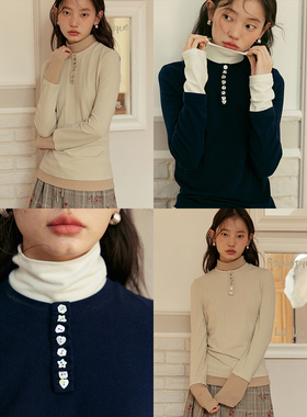 BLUEerror 修身拼接贝壳扣拼色假两件长袖打底衫女保暖针织衫冬季