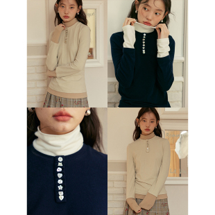 修身 冬季 拼接贝壳扣拼色假两件长袖 女保暖针织衫 打底衫 BLUEerror