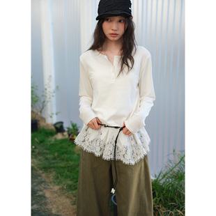 春季 t恤女花边叠穿打底衫 上衣 蕾丝拼接白色圆领长袖 BLUEerror