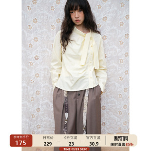 00新品 修身 衬衣春 女纯棉短款 衬衫 飘带斜门襟格子长袖