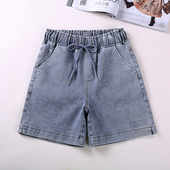 休闲阔腿五分中裤 牛仔高腰宽松四分短裤 松紧腰绑带大码 女2020夏热