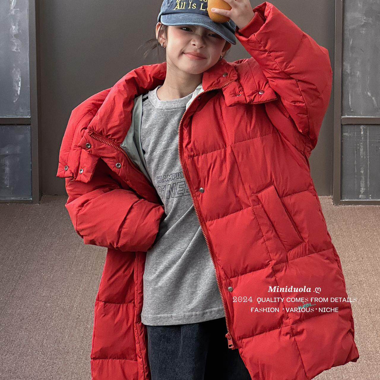 2025秋冬季新款时尚百搭韩版中长款加厚宽松版连帽儿童绒丝防寒服