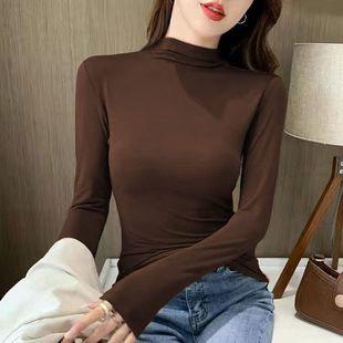 套头秋冬圆领女新款 显瘦甜美德绒T恤休闲上衣 纯色修身 半高领长袖