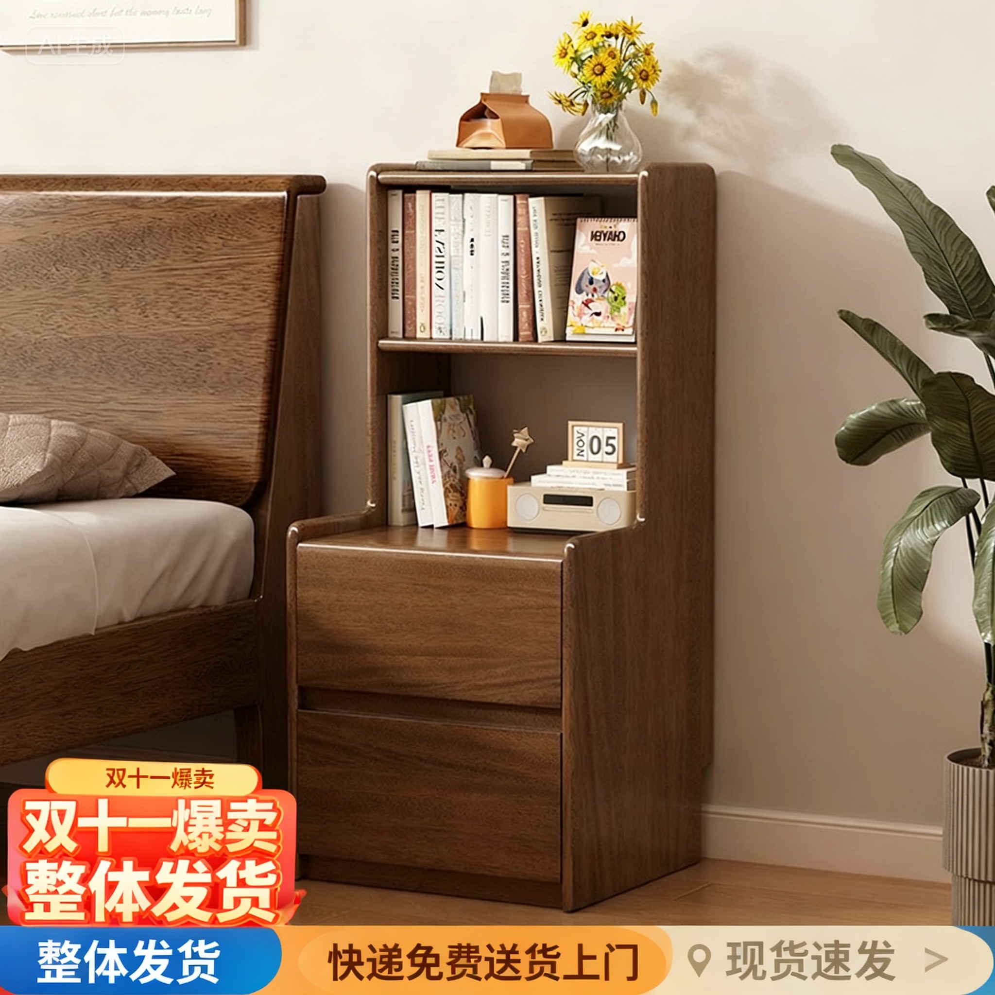 全实木床头柜置物架书架一体窄款夹缝床边柜卧室小柜子25超窄储物