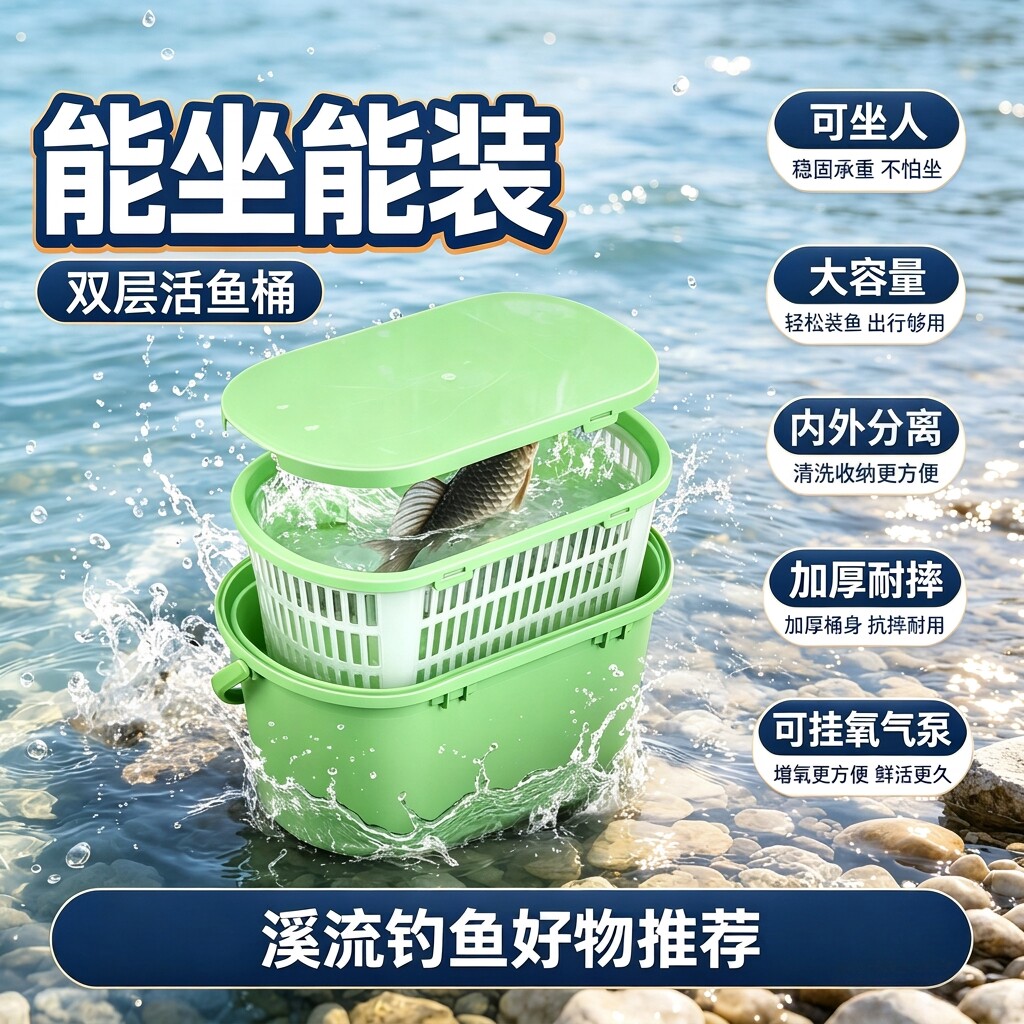 新款活鱼桶钓鱼溪流路亚桶双层充氧可坐人装鱼桶户外赶海白条桶