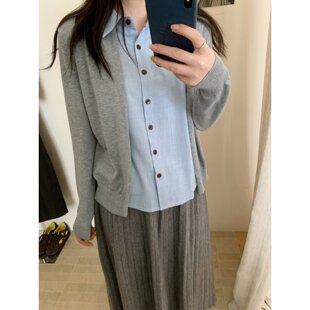 假两件衬衫领开衫长袖翻领毛针织衫女装休闲常规款秋季套装上衣