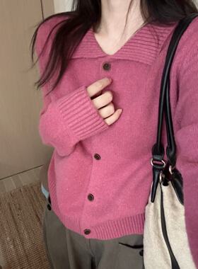 翻领糖果色毛衣长袖休闲风开衫宽松型针织女装厚款秋季外套秋冬