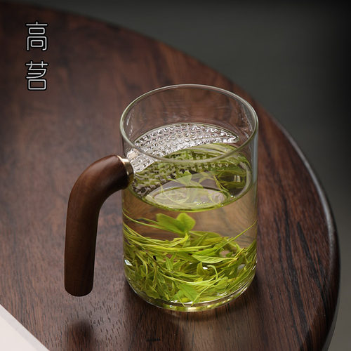 月牙泡绿茶专用茶杯实木把手