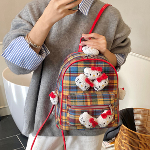 日系格子款中大童可爱猫咪双肩包男女童百搭洋气外出背包研学书包