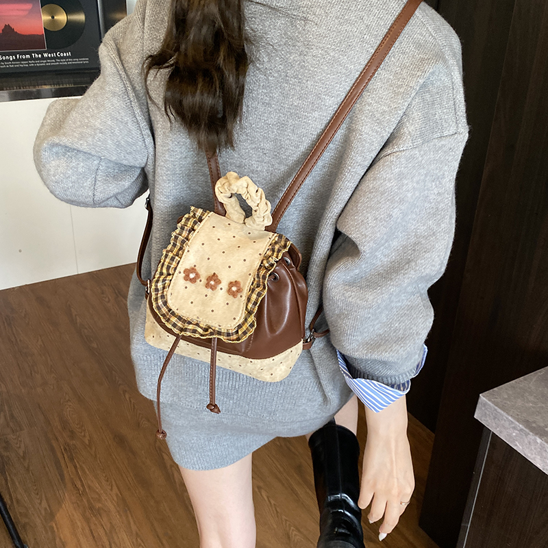 韩版花边格纹小双肩背包亲子款洋气撞色PU书包甜美小女孩时尚书包