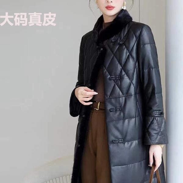 新中式女士加肥加大码真皮羽绒服胖妈妈水貂毛复古盘扣白鸭绒外套