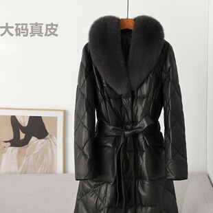 2024冬加肥加大码真皮羽绒服女中长款胖妈妈200斤狐狸毛领鹅绒服