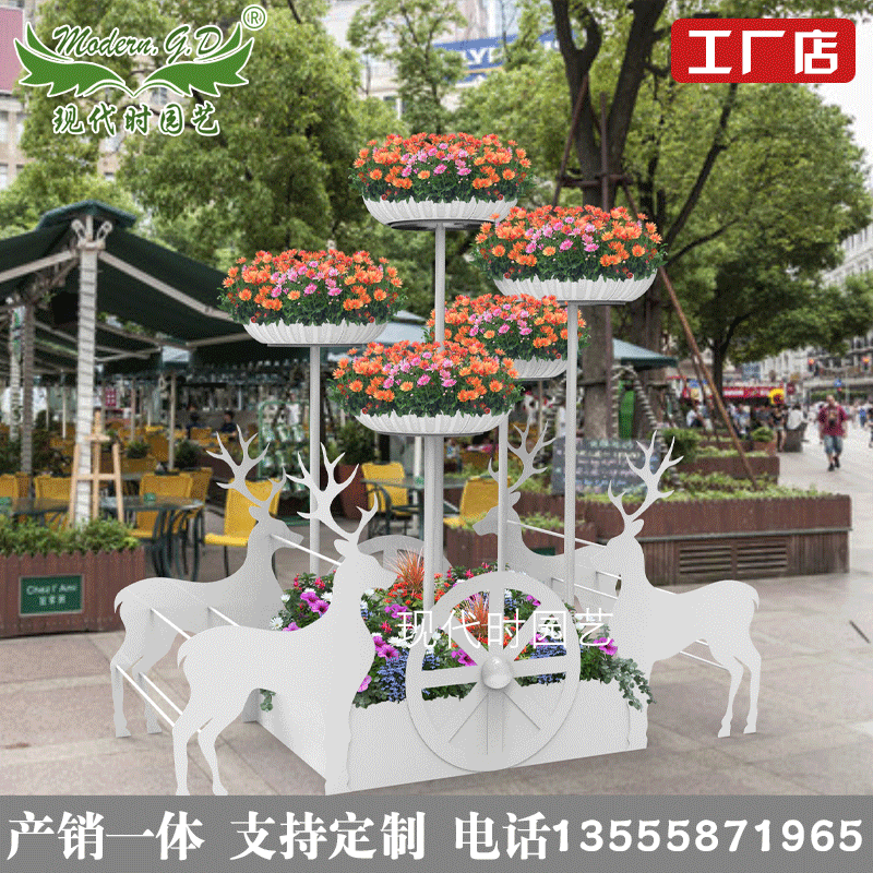 驯鹿车景观架子立体花器园艺造型激光切割广场公园小品亮点绿化