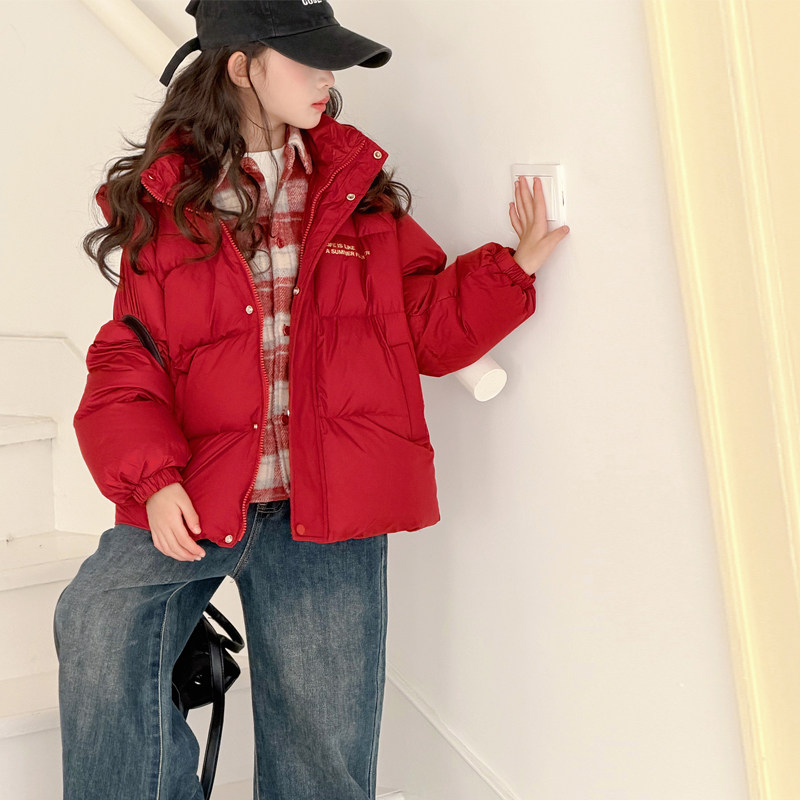 假两件女童红色羽绒服儿童冬装外套2025新款洋气女大童冬季羽绒服