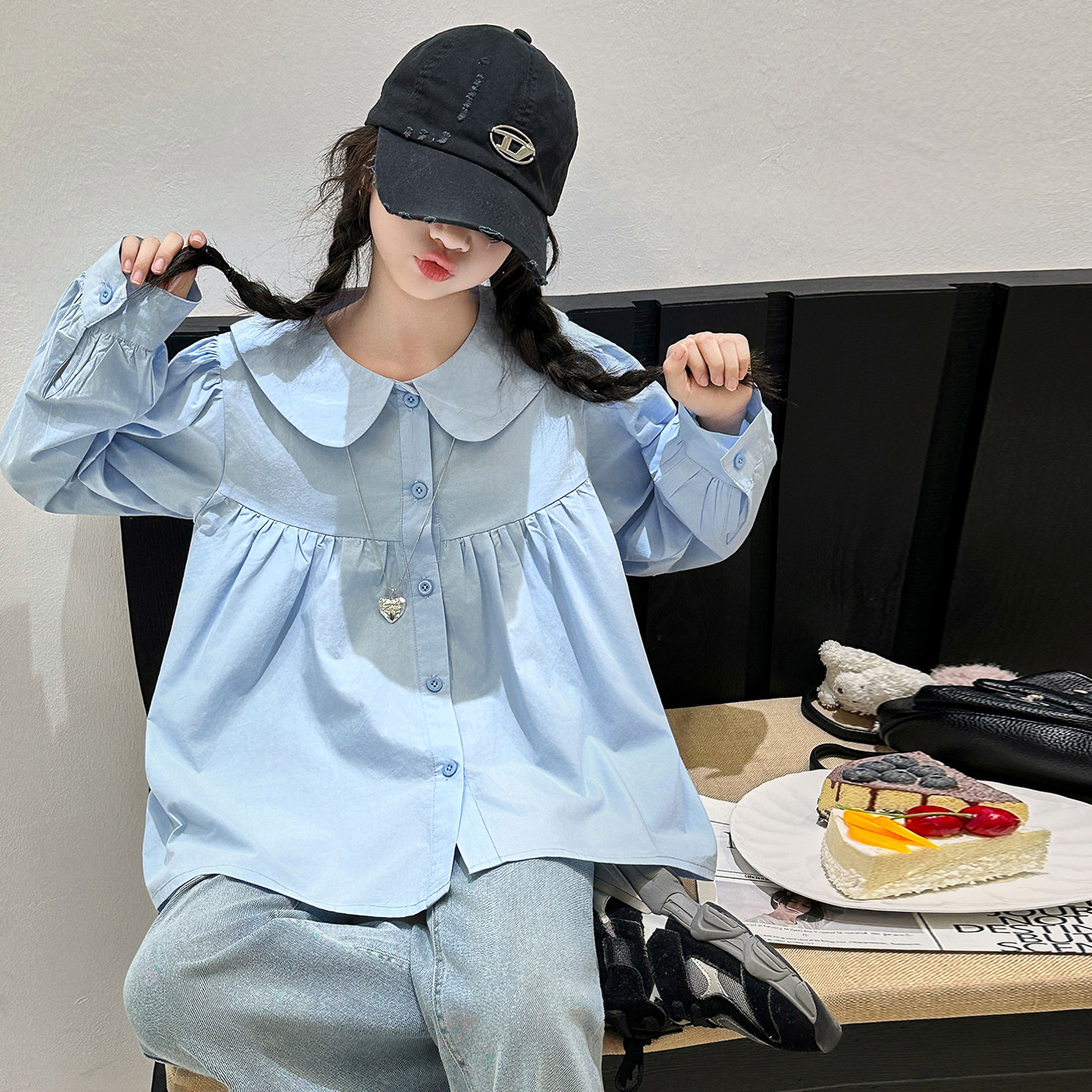 娃娃领女童衬衫春装2026新款春秋韩大童女孩长袖打底衫时髦喇叭裤